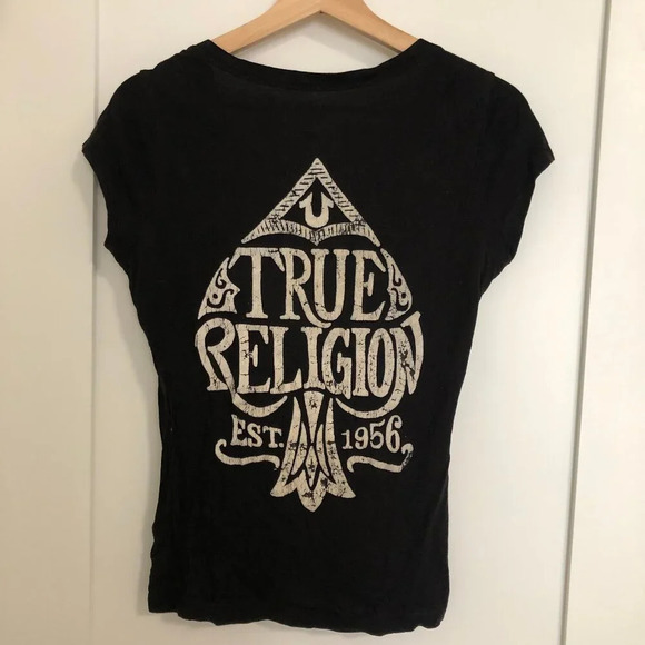 True Religion V Neck Y2K Short Sleeve Tee T-Shirt Size  M Black Logo Script - Picture 5 of 11